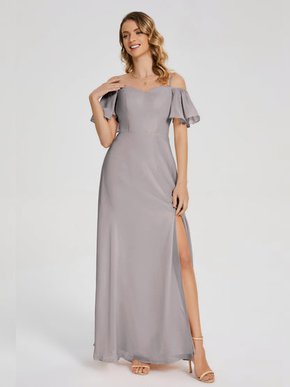 Adelaide A-line Off the Shoulder Chiffon Bridesmaid Dress with Silt