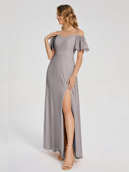 Adelaide A-line Off the Shoulder Chiffon Bridesmaid Dress with Silt
