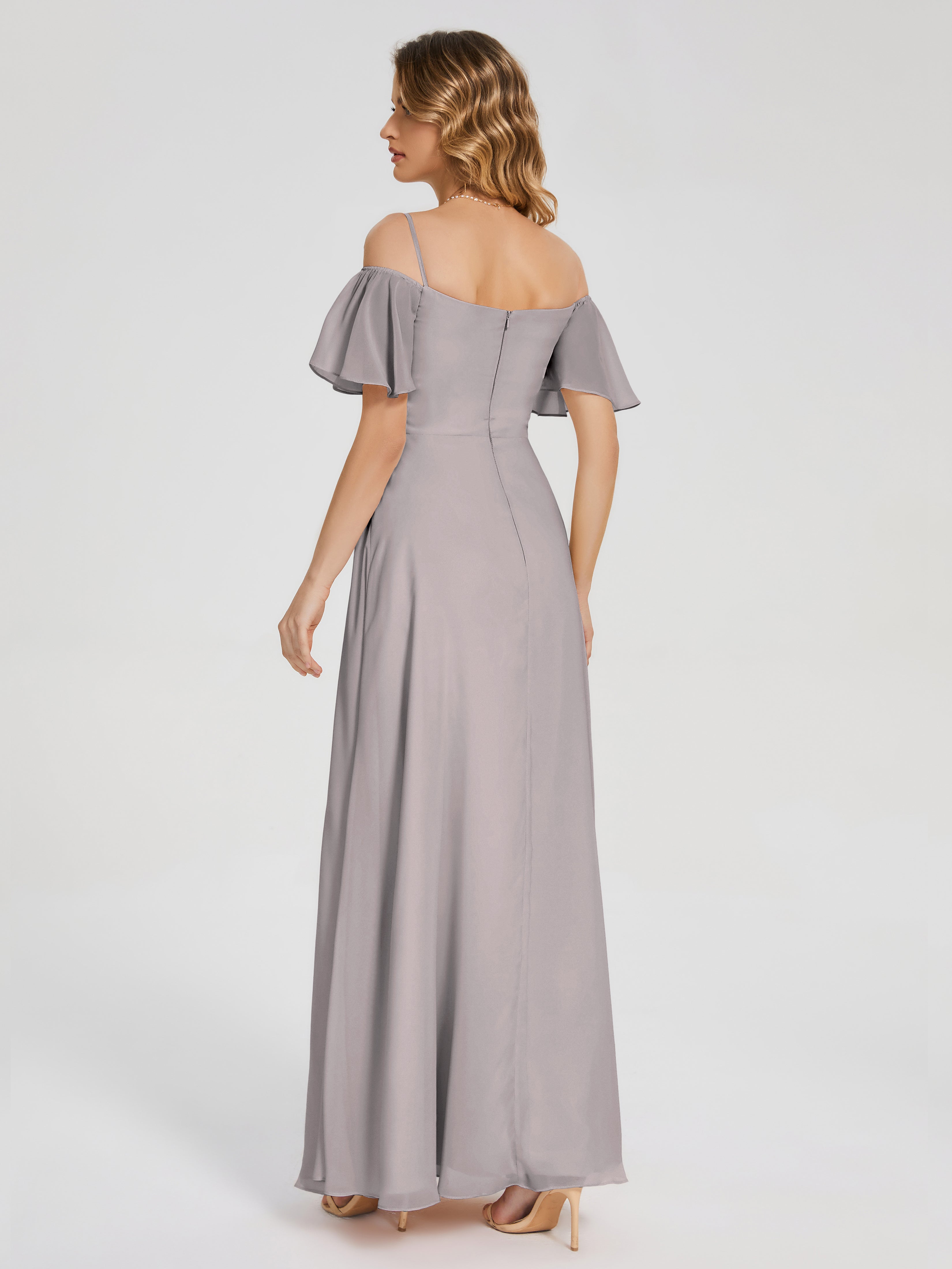 Adelaide A-line Off the Shoulder Chiffon Bridesmaid Dress with Silt