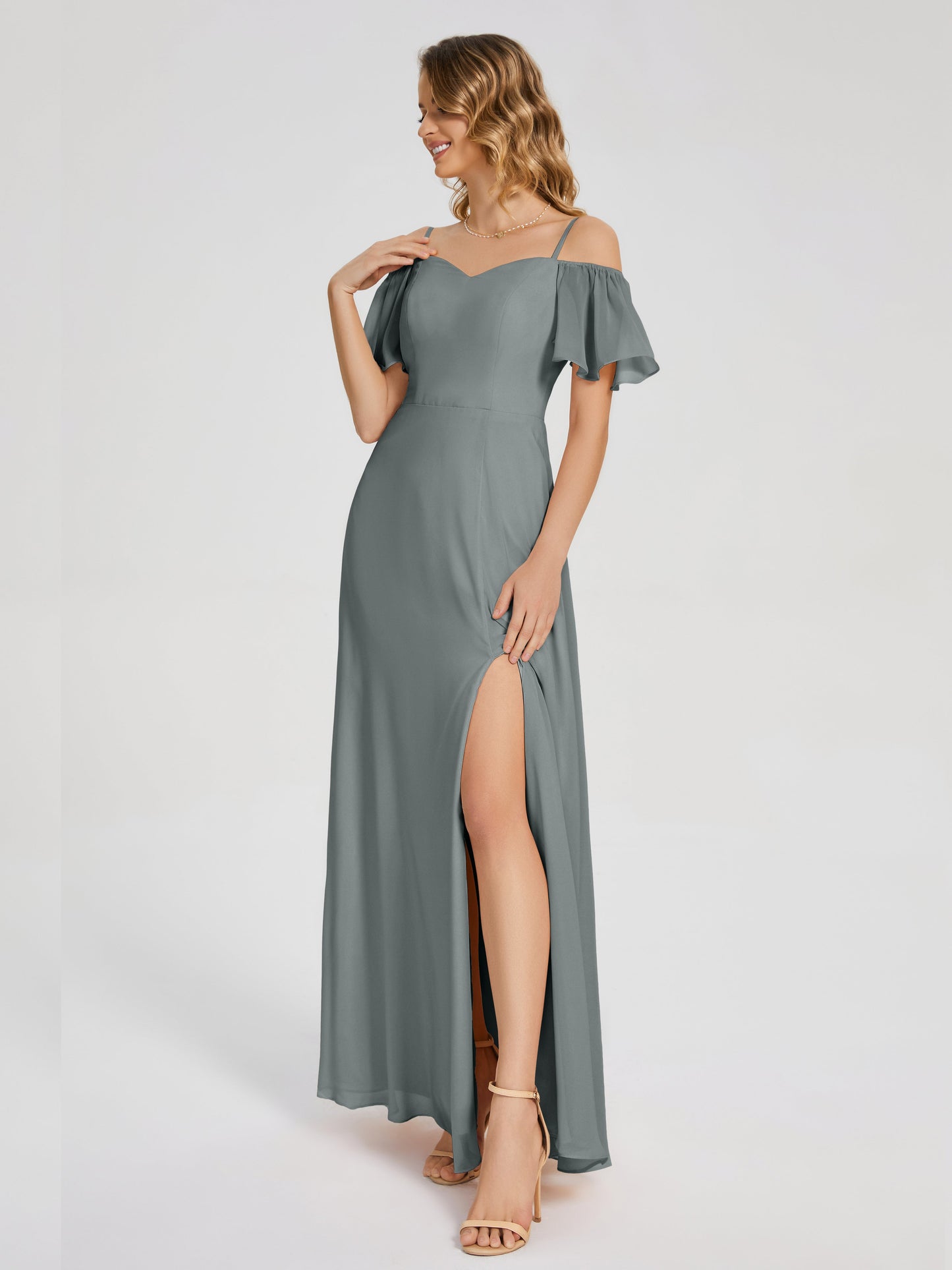 Adelaide A-line Off the Shoulder Chiffon Bridesmaid Dress with Silt