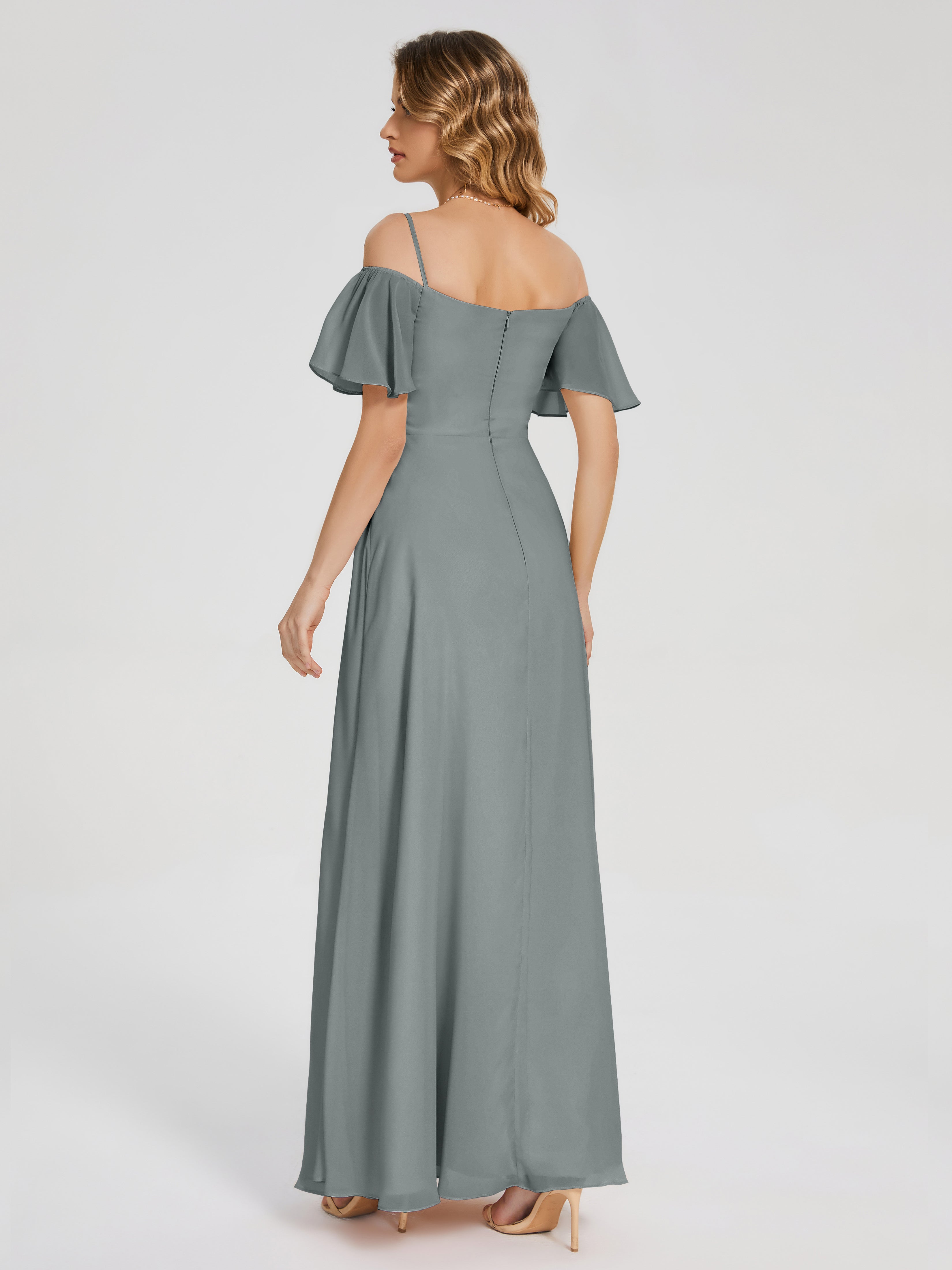 Adelaide A-line Off the Shoulder Chiffon Bridesmaid Dress with Silt