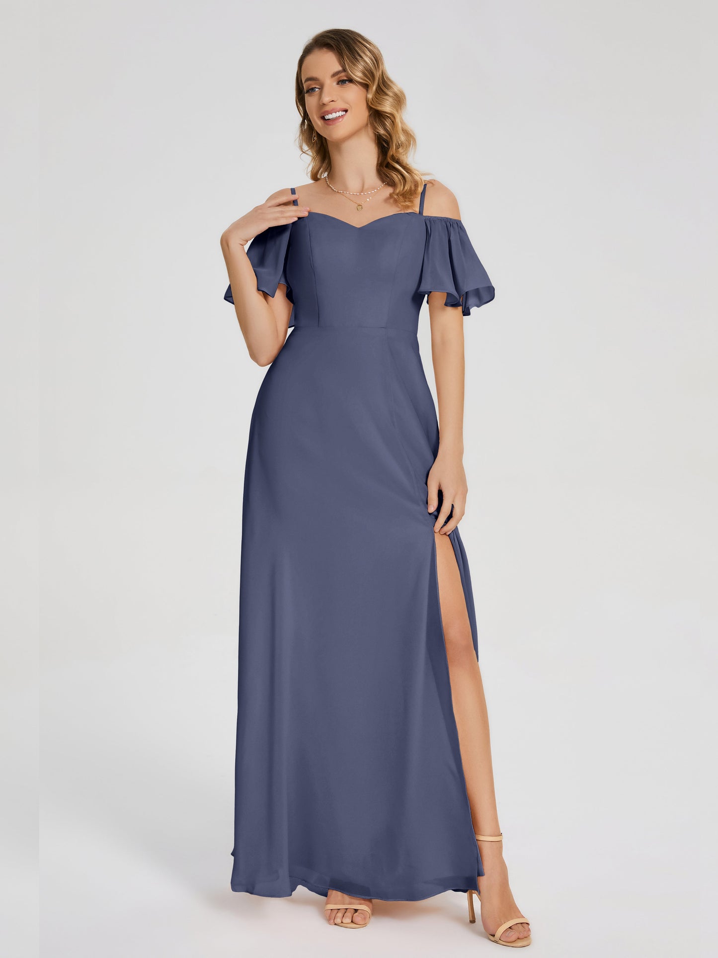 Adelaide A-line Off the Shoulder Chiffon Bridesmaid Dress with Silt