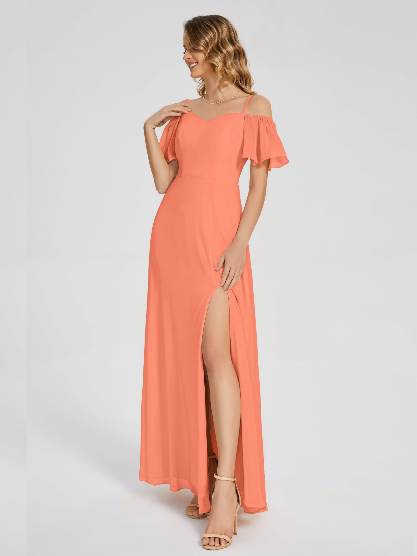 Adelaide A-line Off the Shoulder Chiffon Bridesmaid Dress with Silt