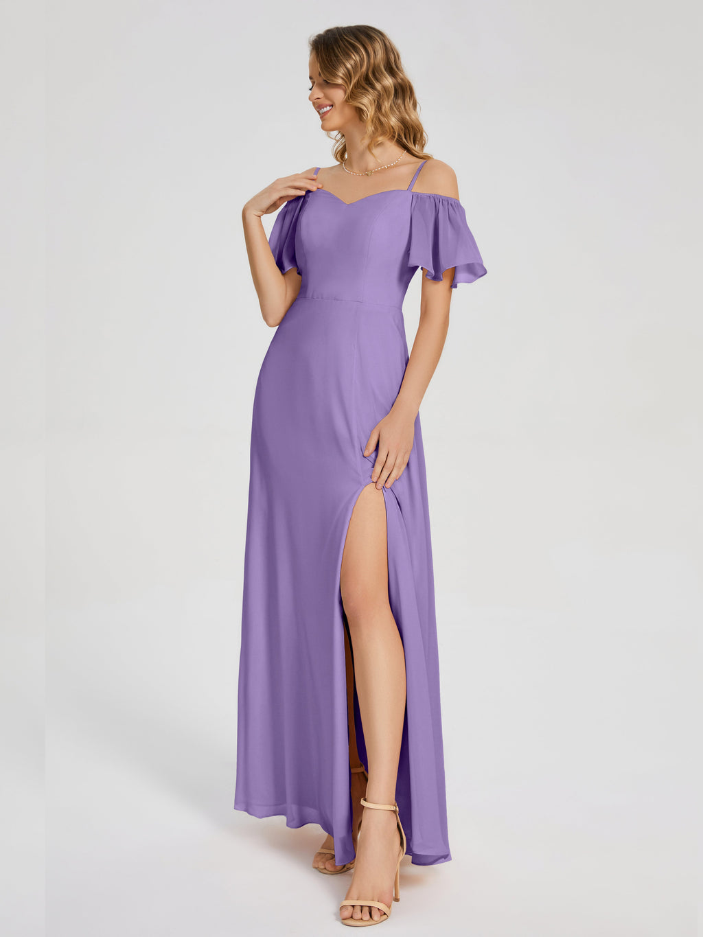 Adelaide A-line Off the Shoulder Chiffon Bridesmaid Dress with Silt