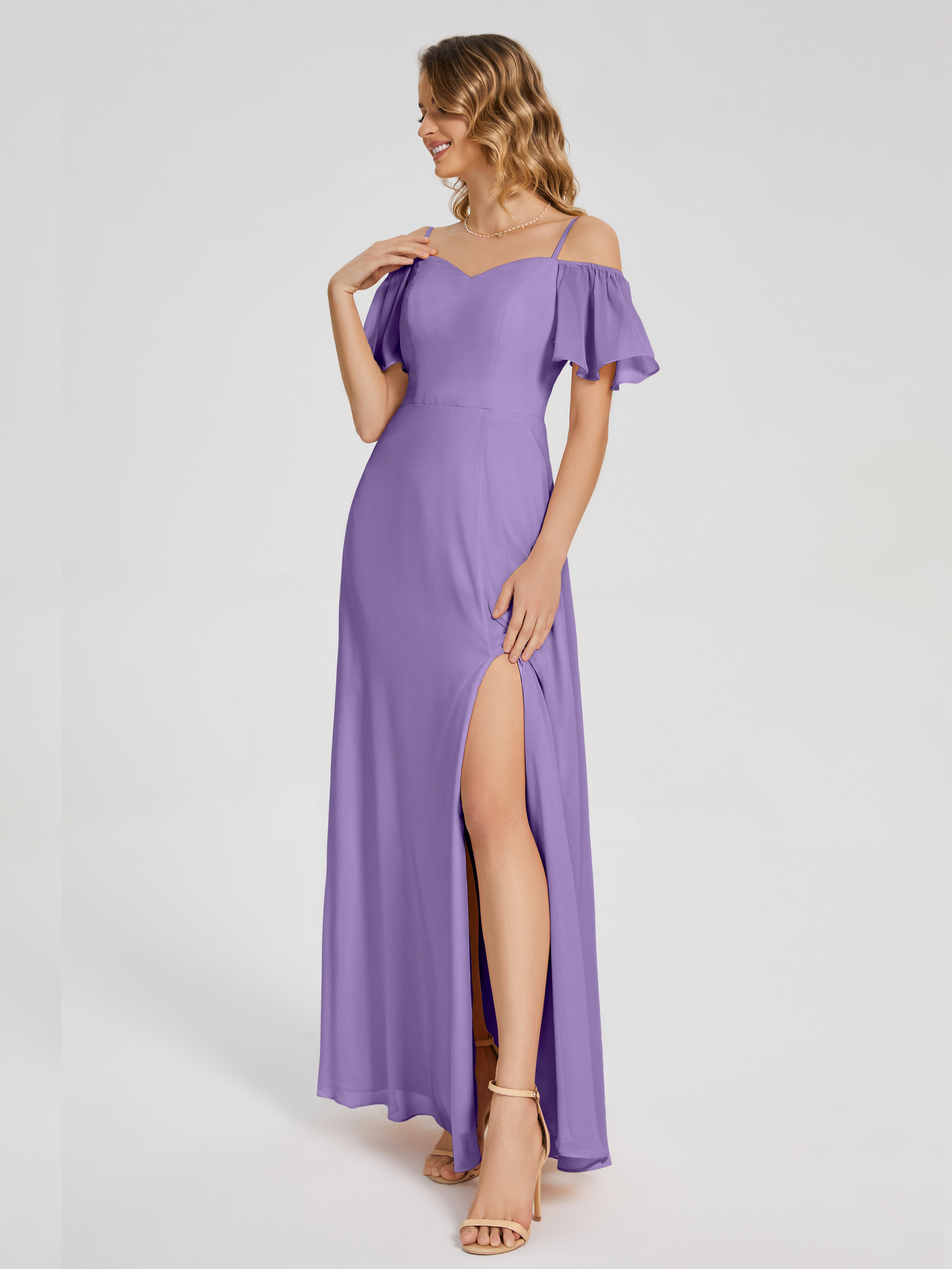 Adelaide A-line Off the Shoulder Chiffon Bridesmaid Dress with Silt
