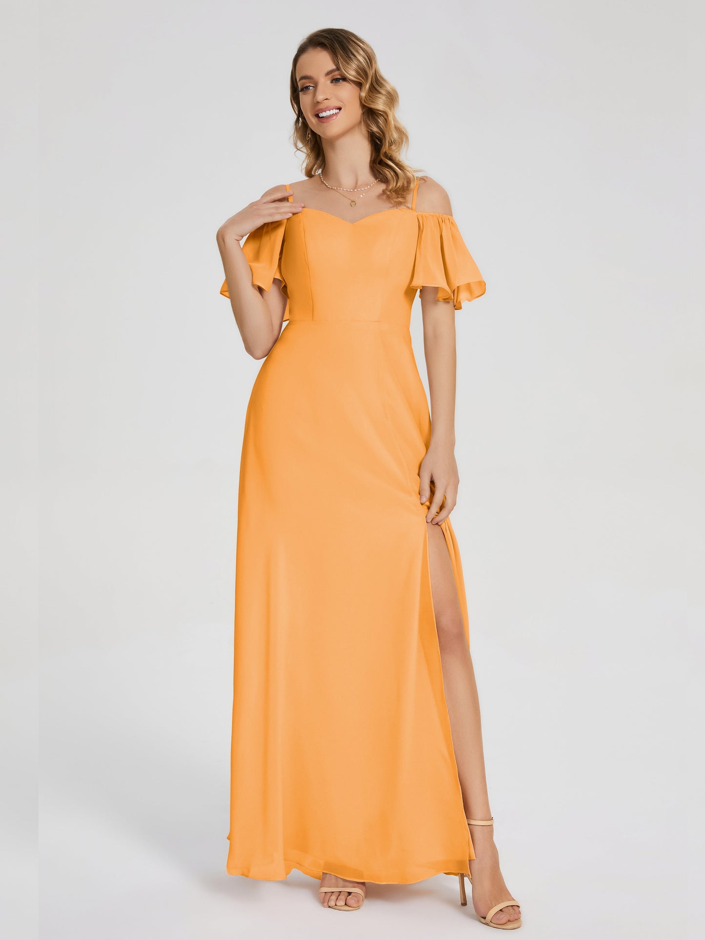 Adelaide A-line Off the Shoulder Chiffon Bridesmaid Dress with Silt