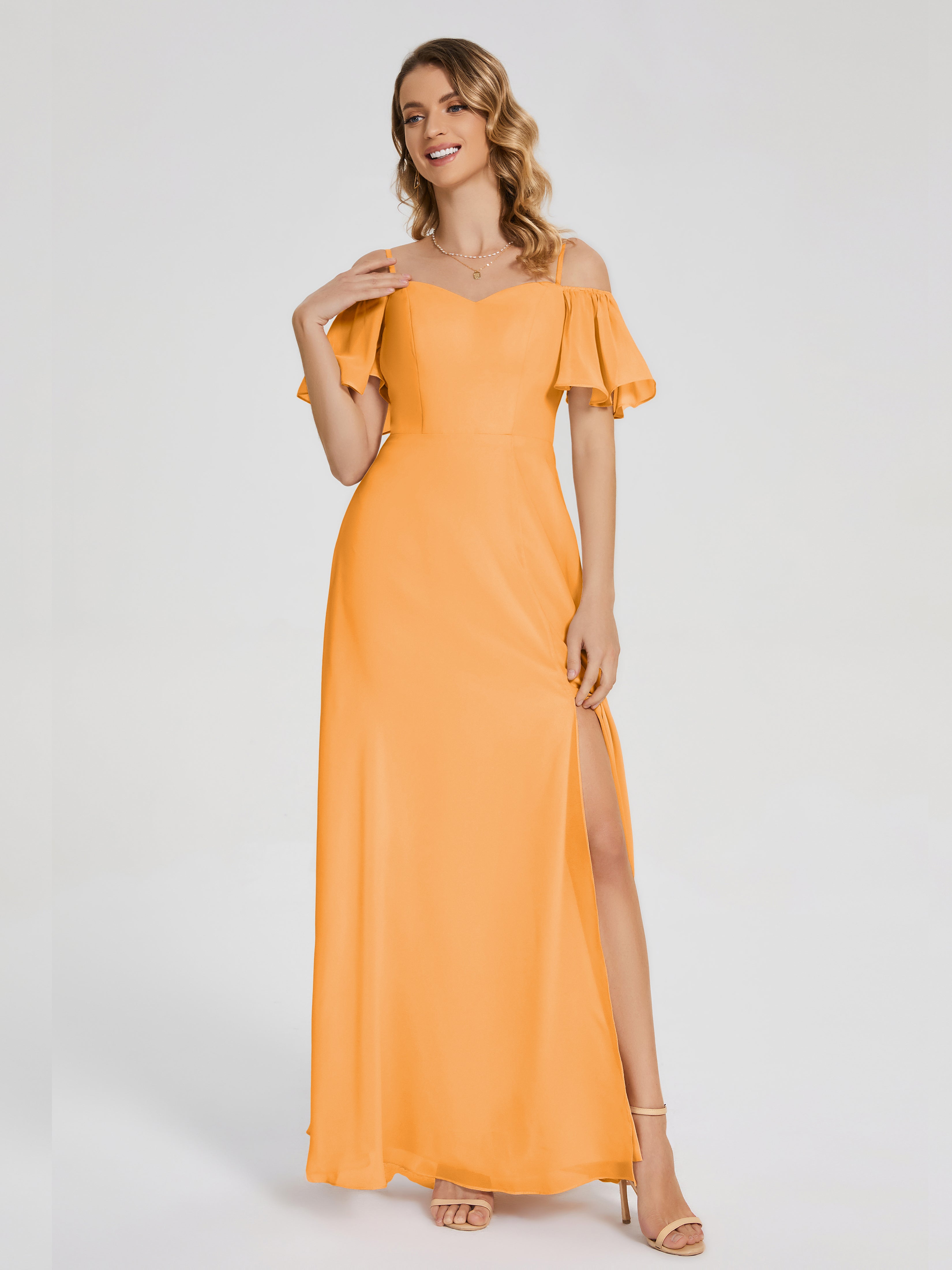 Adelaide A-line Off the Shoulder Chiffon Bridesmaid Dress with Silt