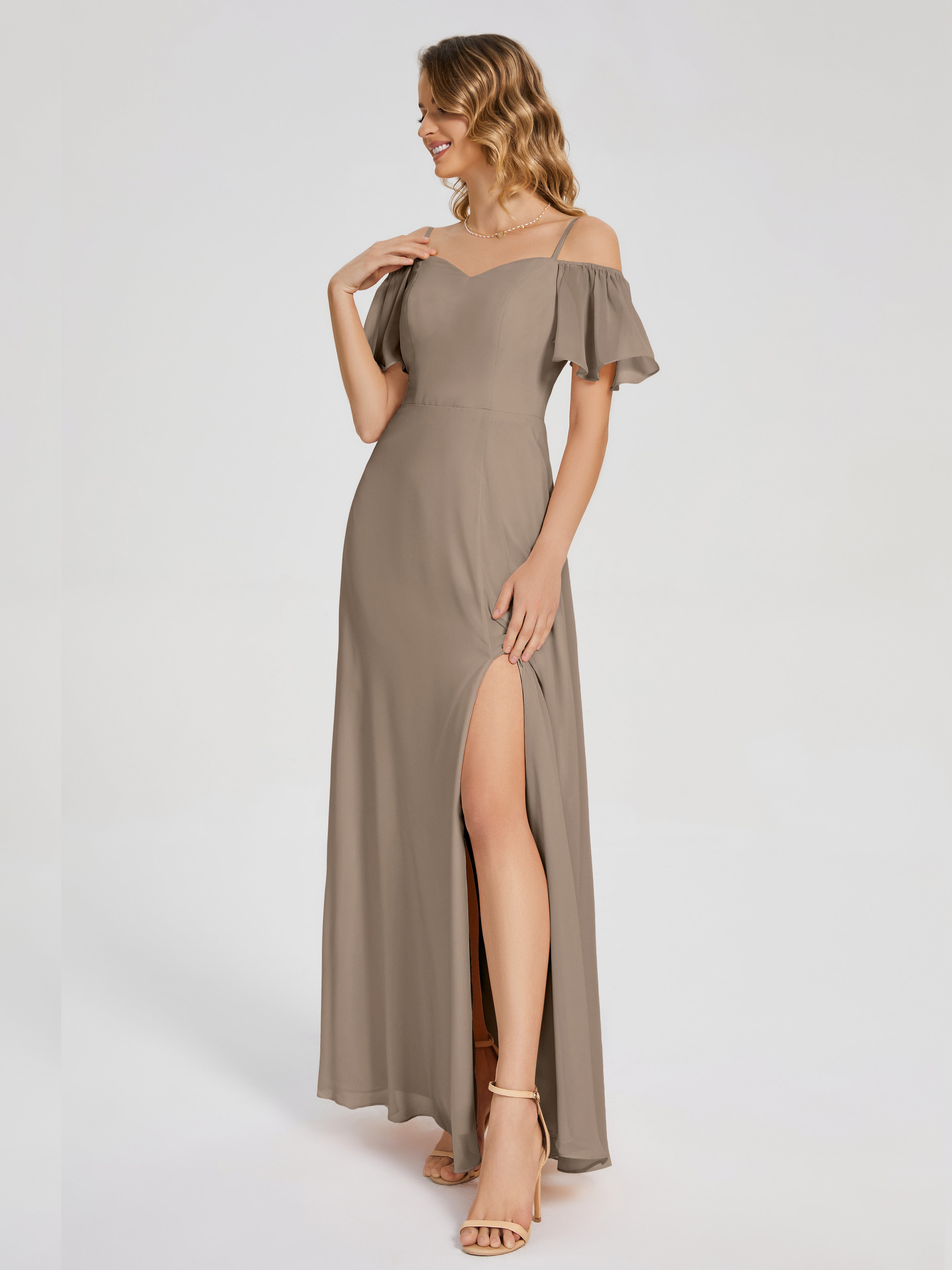 Adelaide A-line Off the Shoulder Chiffon Bridesmaid Dress with Silt