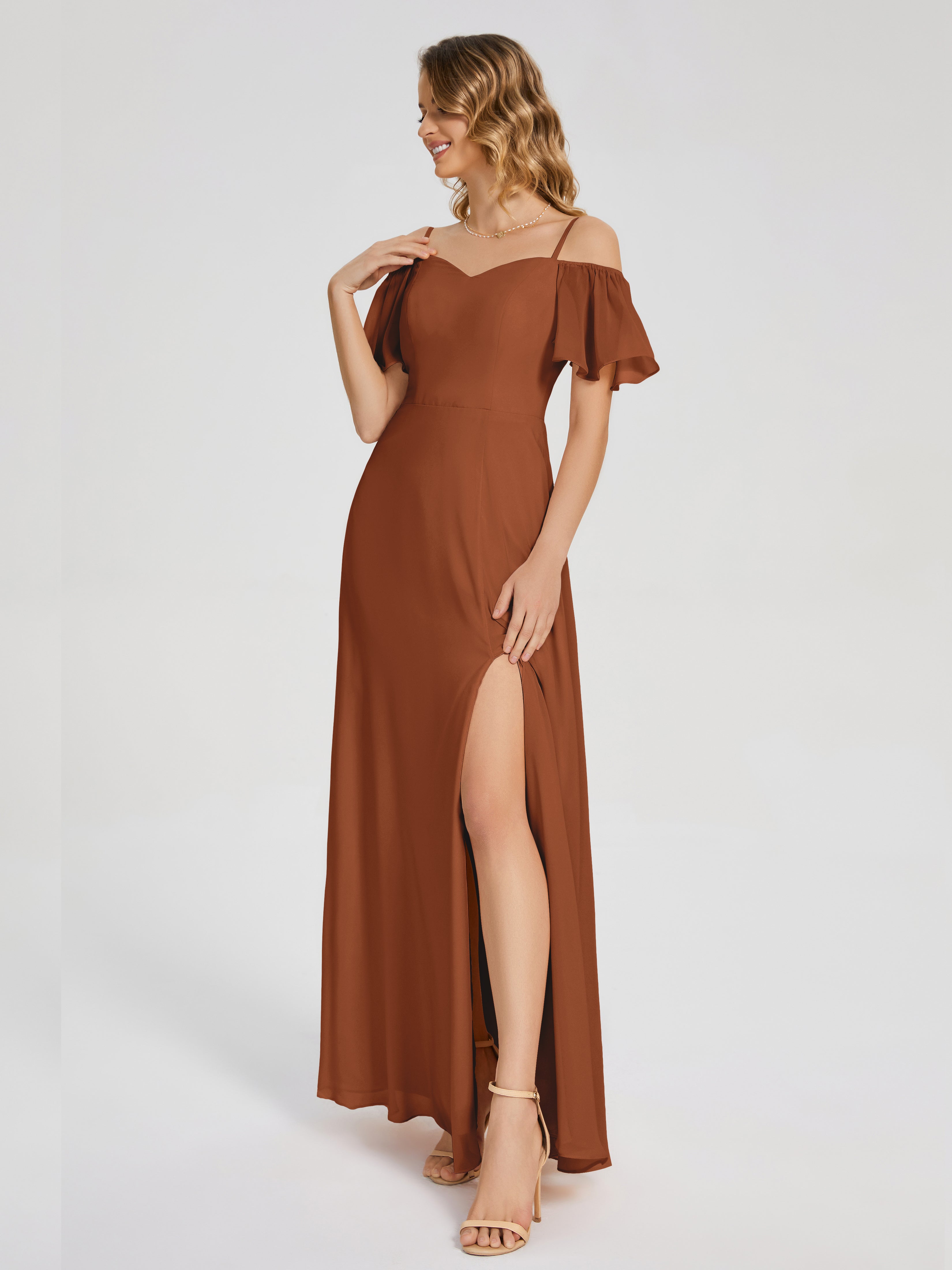 Adelaide A-line Off the Shoulder Chiffon Bridesmaid Dress with Silt