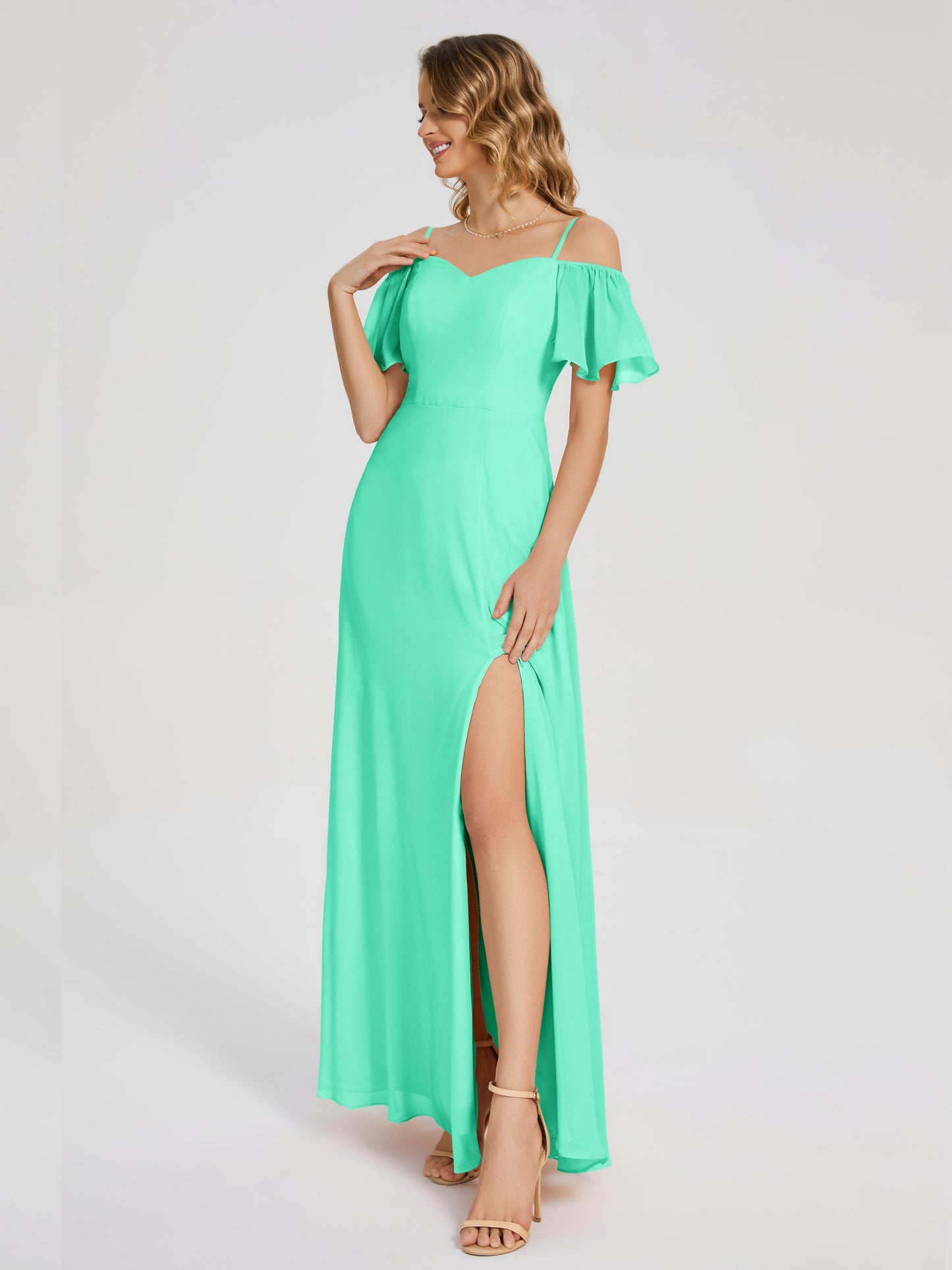 Adelaide A-line Off the Shoulder Chiffon Bridesmaid Dress with Silt