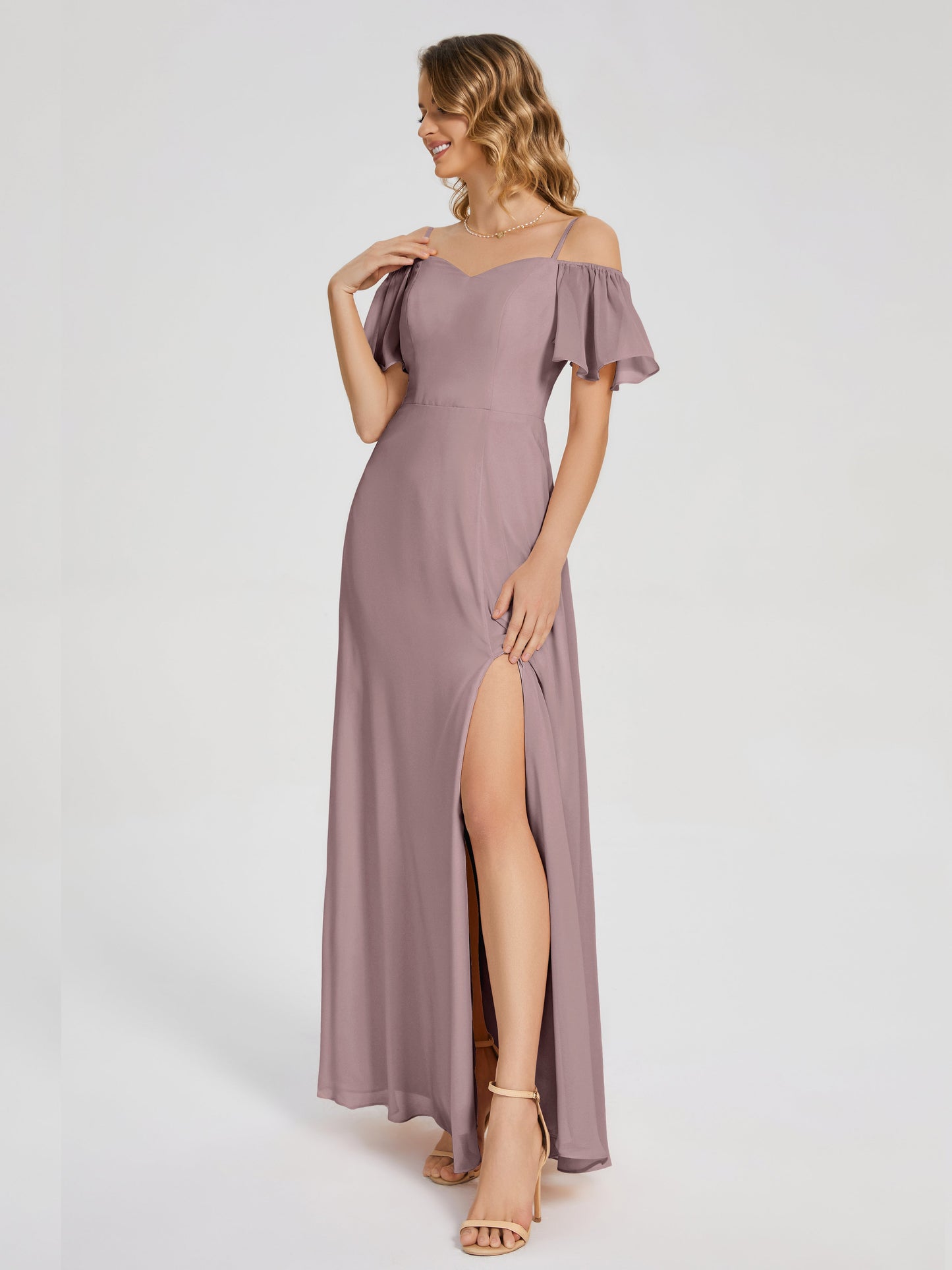 Adelaide A-line Off the Shoulder Chiffon Bridesmaid Dress with Silt
