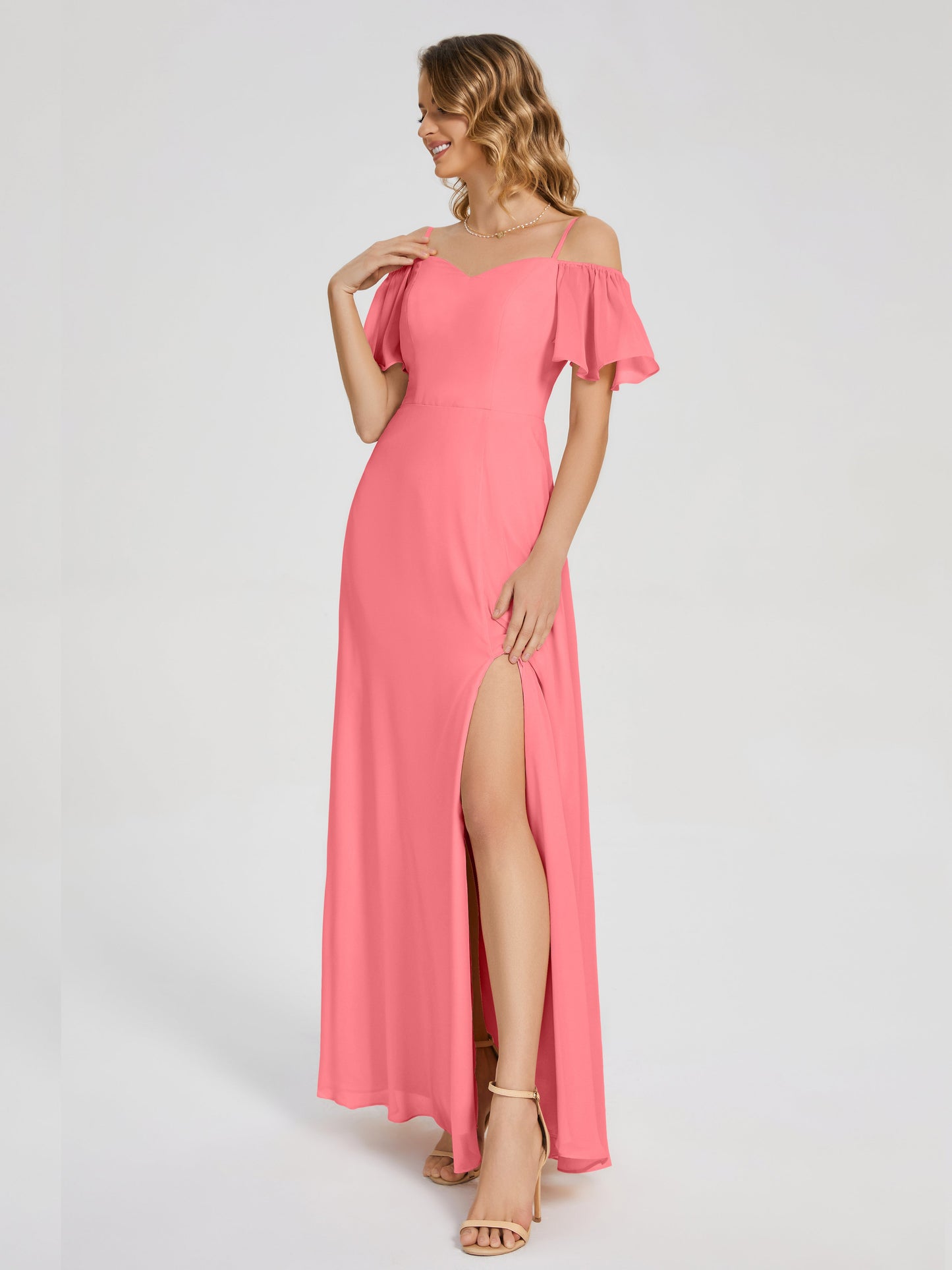 Adelaide A-line Off the Shoulder Chiffon Bridesmaid Dress with Silt