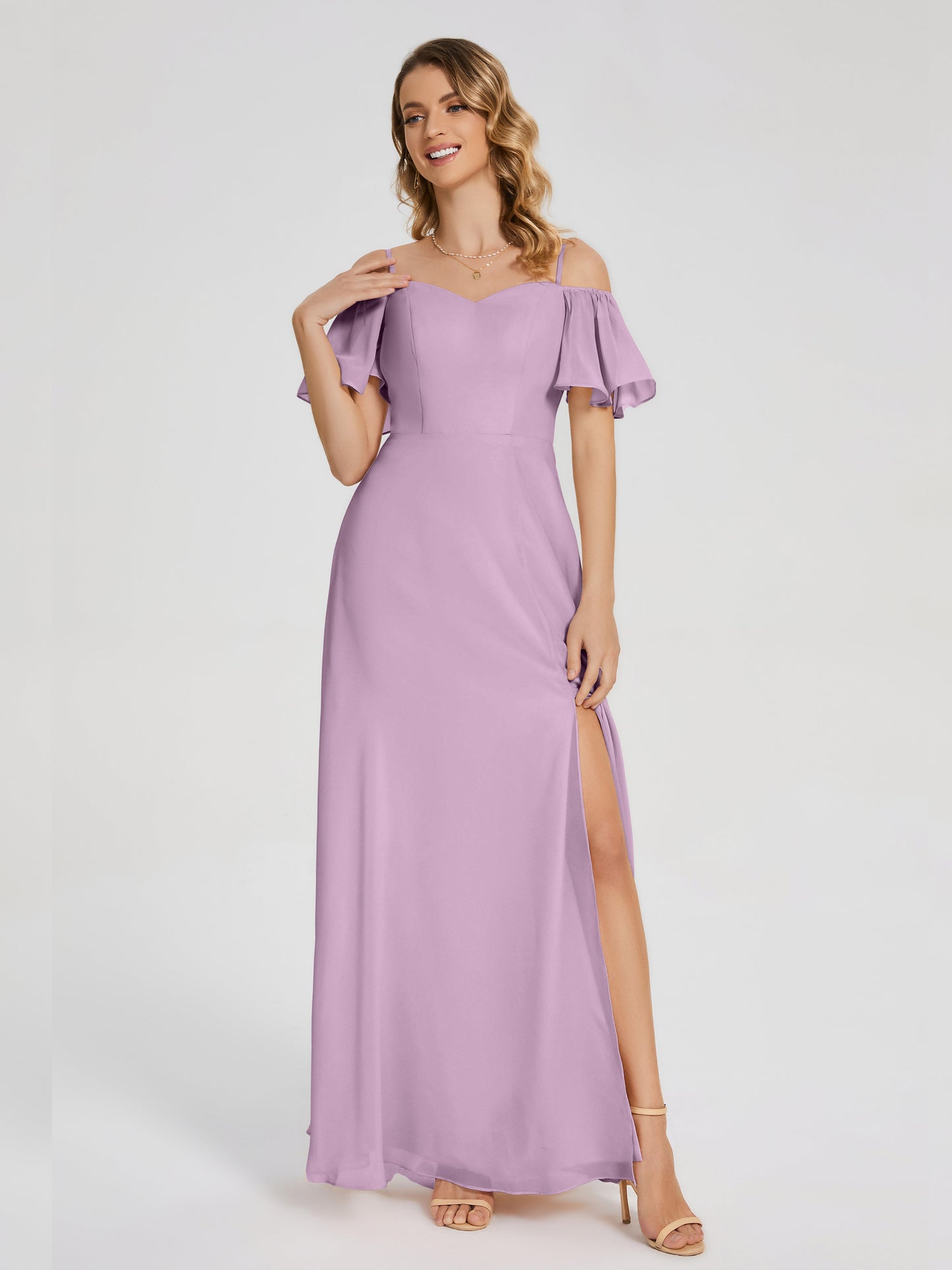 Adelaide A-line Off the Shoulder Chiffon Bridesmaid Dress with Silt