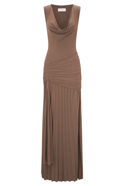 Dania Cowl Neck Slinky Maxi Dress - Mocha Mousse