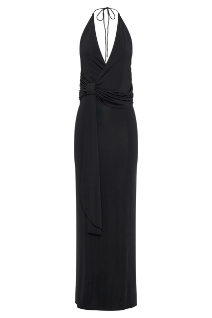 Tyla Draped Slinky Halter Maxi Dress - Black