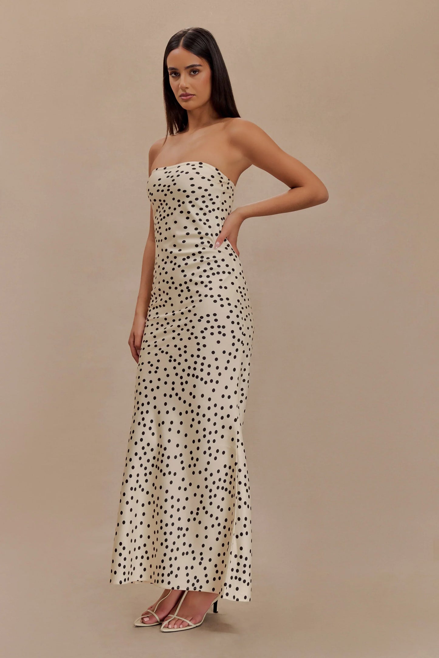 Claudette Strapless Satin Maxi Dress - Polka Dot Print