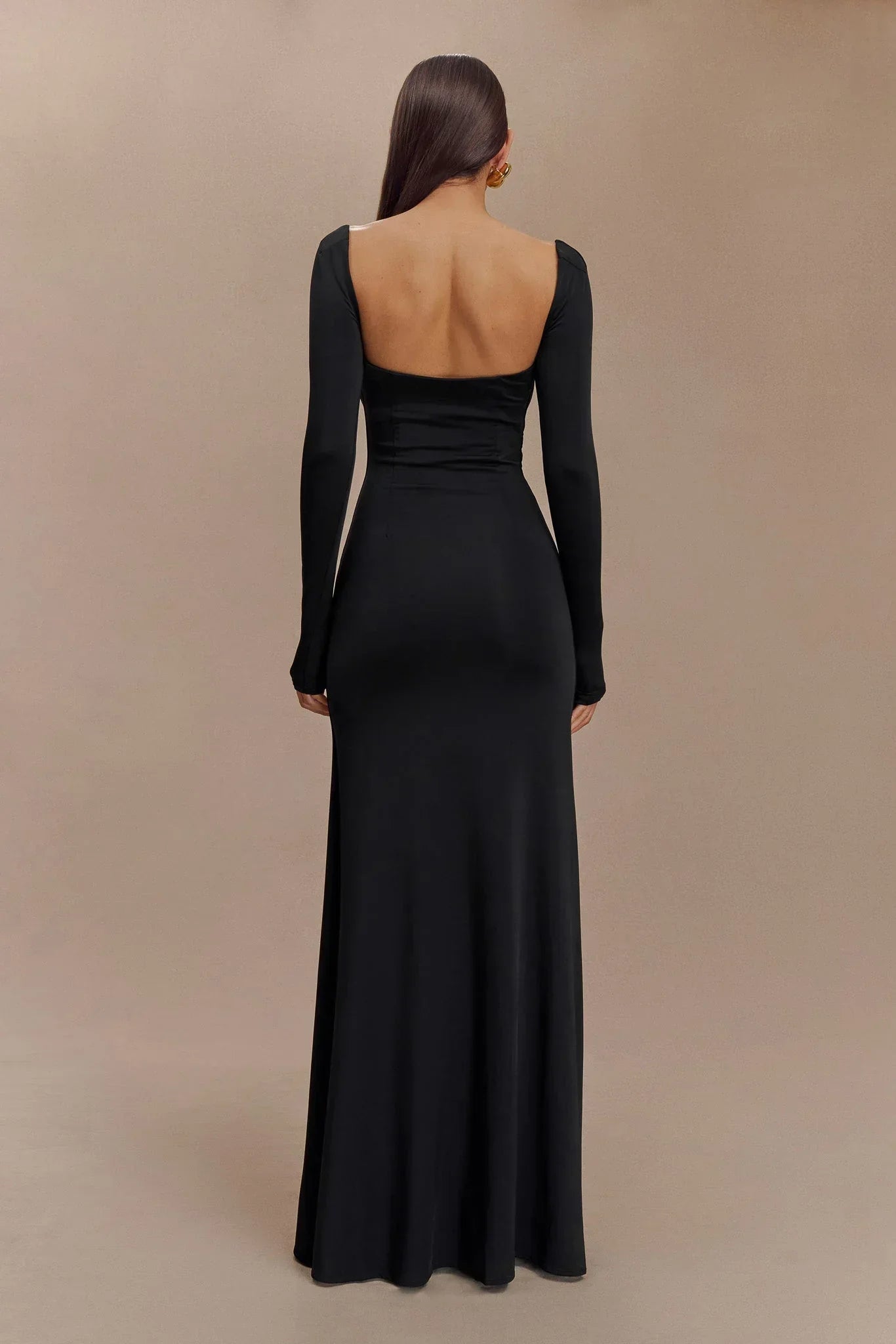 Desirie Slinky Long Sleeve Maxi Dress With Split - Black