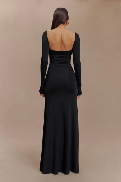 Desirie Slinky Long Sleeve Maxi Dress With Split - Black