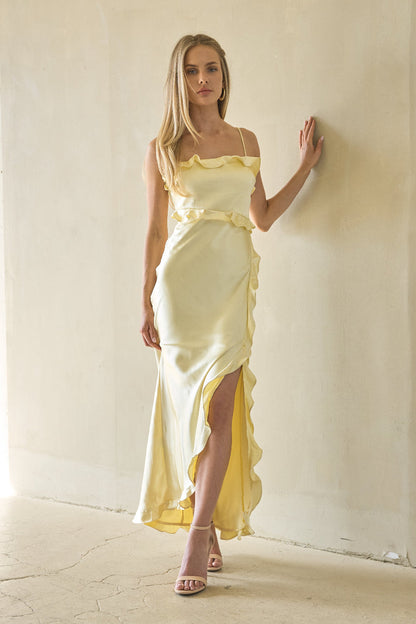 Adrianna Satin Ruffle Maxi Dress