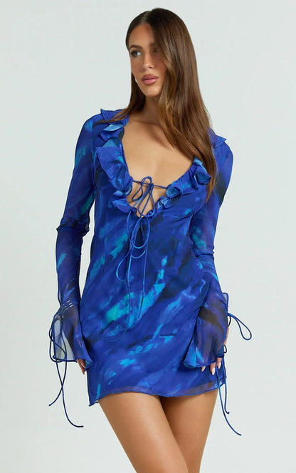 Alesya Mini Dress Ruffle Plunge Neck Long Sleeve Tie Detail Dress in Blue Abstract
