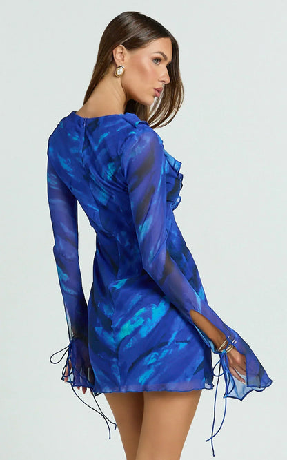 Alesya Mini Dress Ruffle Plunge Neck Long Sleeve Tie Detail Dress in Blue Abstract