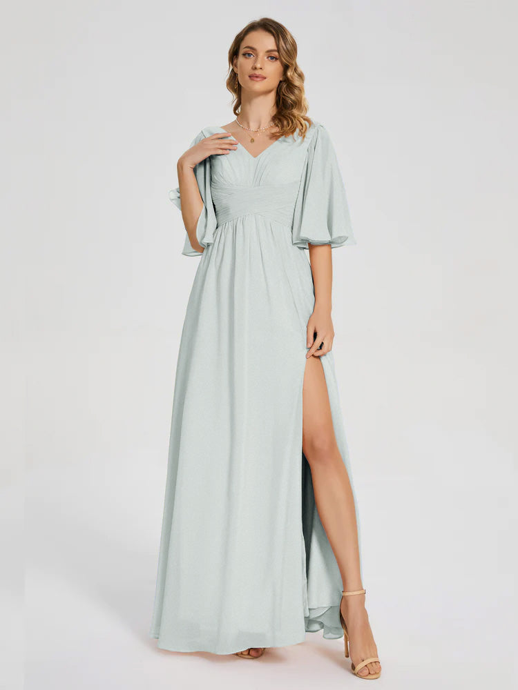 Amina Half Sleeves V-neck Chiffon Bridesmaid Dress