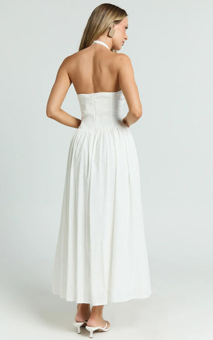 Athena Midi Dress Halter Drop Waist Dress in White