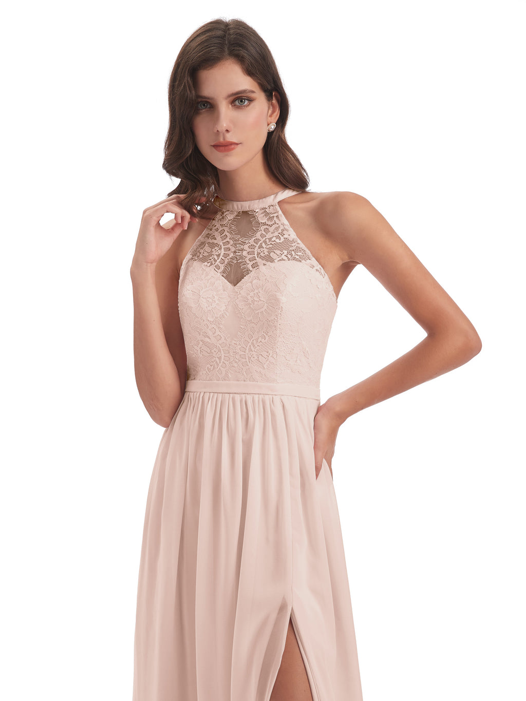 Ailani Halter Split Lace Long Bridesmaid Dresses