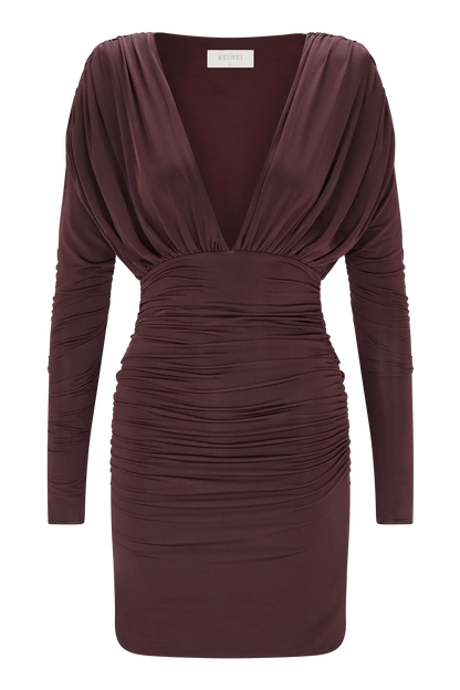 Hayden Long Sleeve Plunge Mini Dress - Burgundy