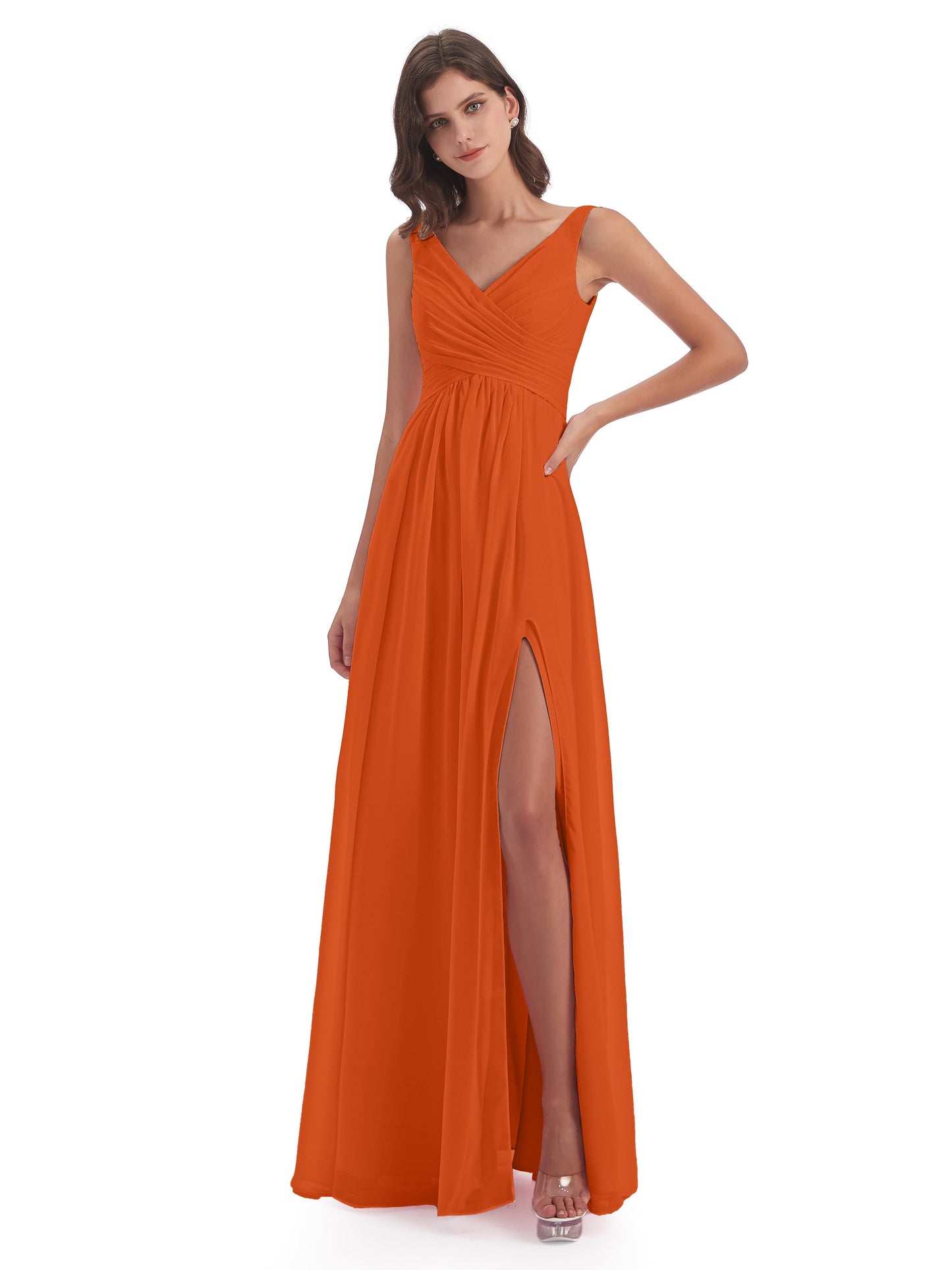 Jurnee Floor Length V-neck Ruched Chiffon Bridesmaid Dresses