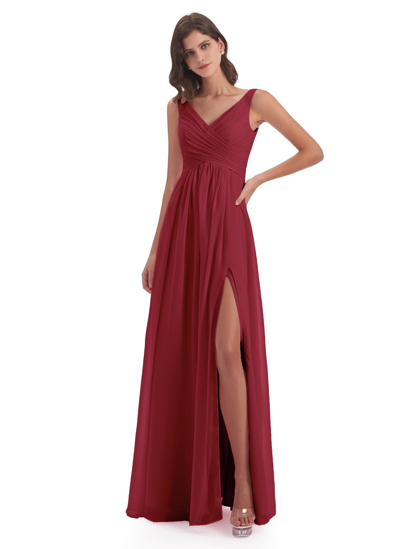Jurnee Floor Length V-neck Ruched Chiffon Bridesmaid Dresses