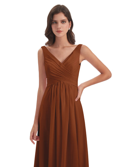 Jurnee Floor Length V-neck Ruched Chiffon Bridesmaid Dresses