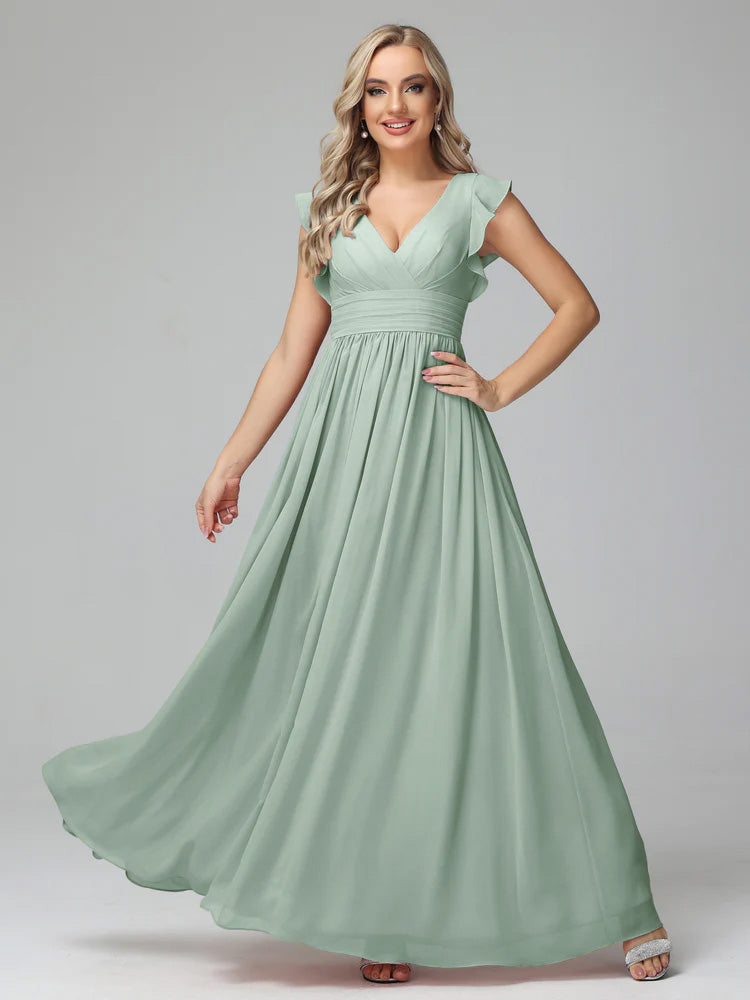 Bonnie V Neck Empire Chiffon Bridesmaid Dresses With Ruffle Sleeves