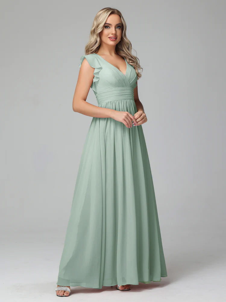 Bonnie V Neck Empire Chiffon Bridesmaid Dresses With Ruffle Sleeves