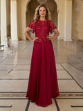 Burgundy Lace Bodice Flare Sleeves Chiffon Bridesmaid Dresses