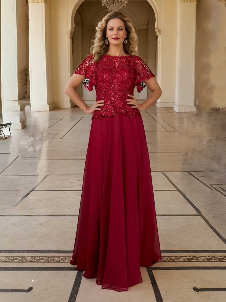 Burgundy Lace Bodice Flare Sleeves Chiffon Bridesmaid Dresses