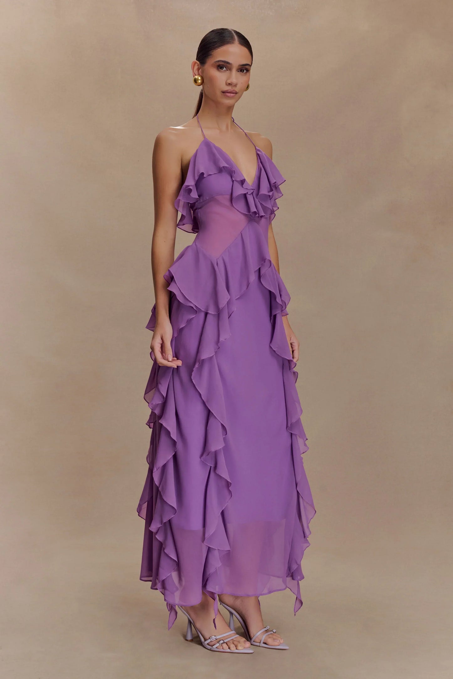 Aleyna Chiffon Ruffle Midi Dress - Purple