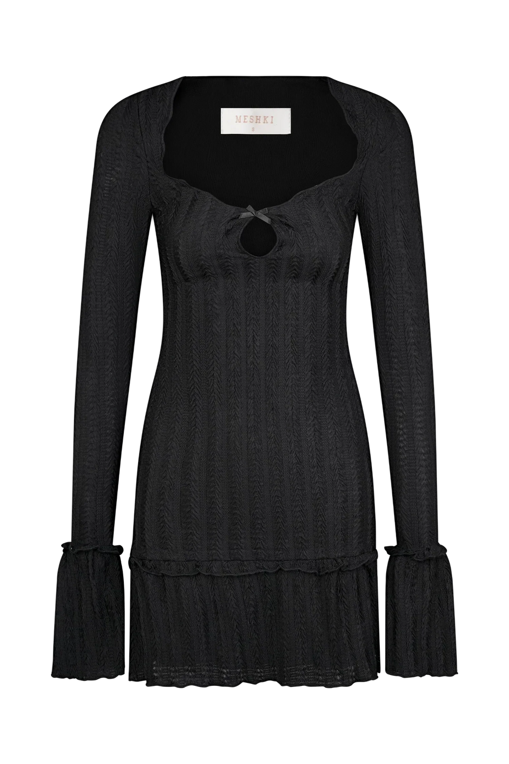 Daphne Pointelle Long Sleeve Mini Dress - Black