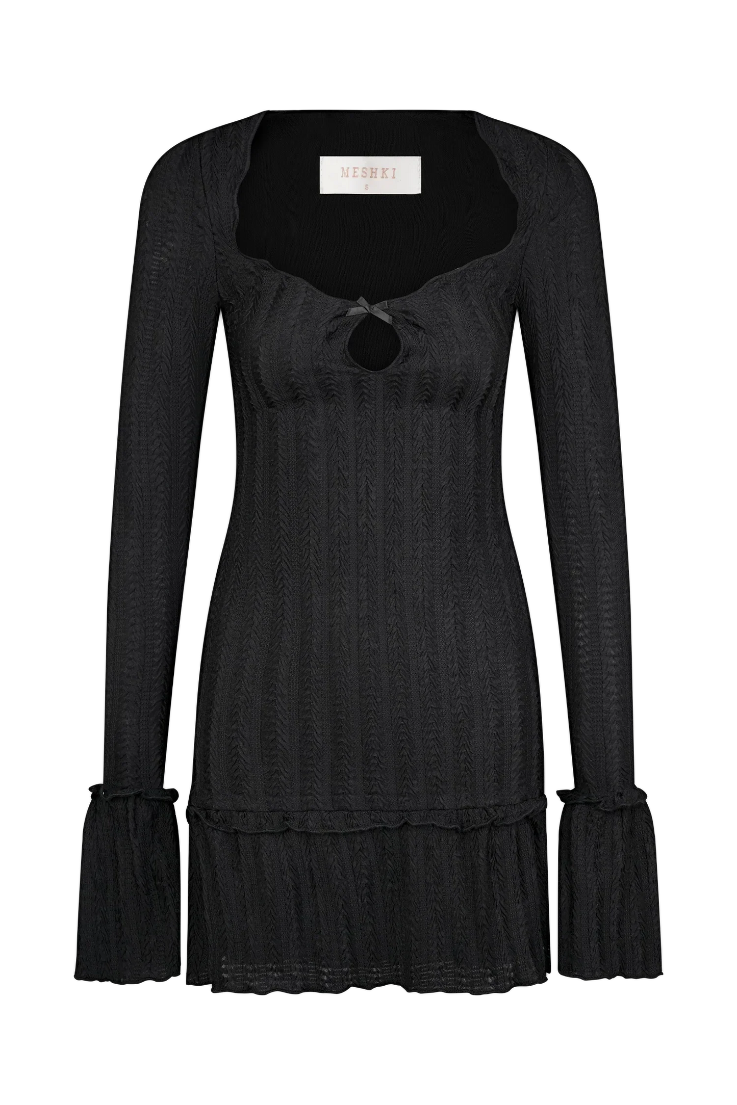 Daphne Pointelle Long Sleeve Mini Dress - Black