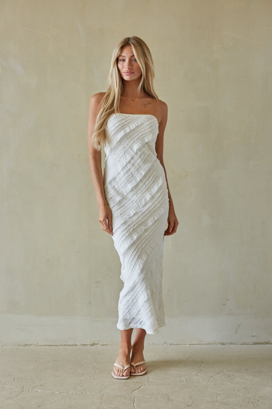Catalina Ruffle Strapless Midi Dress