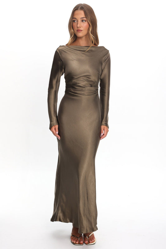 Loveland Cowl Back Midi Dress Olive