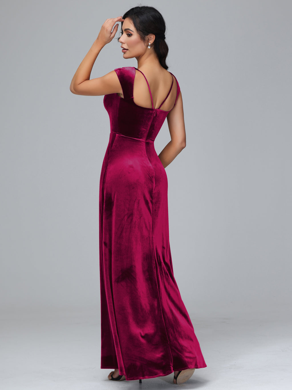 Cap Sleeves Velvet Plus Size Bridesmaid Dress With Slit