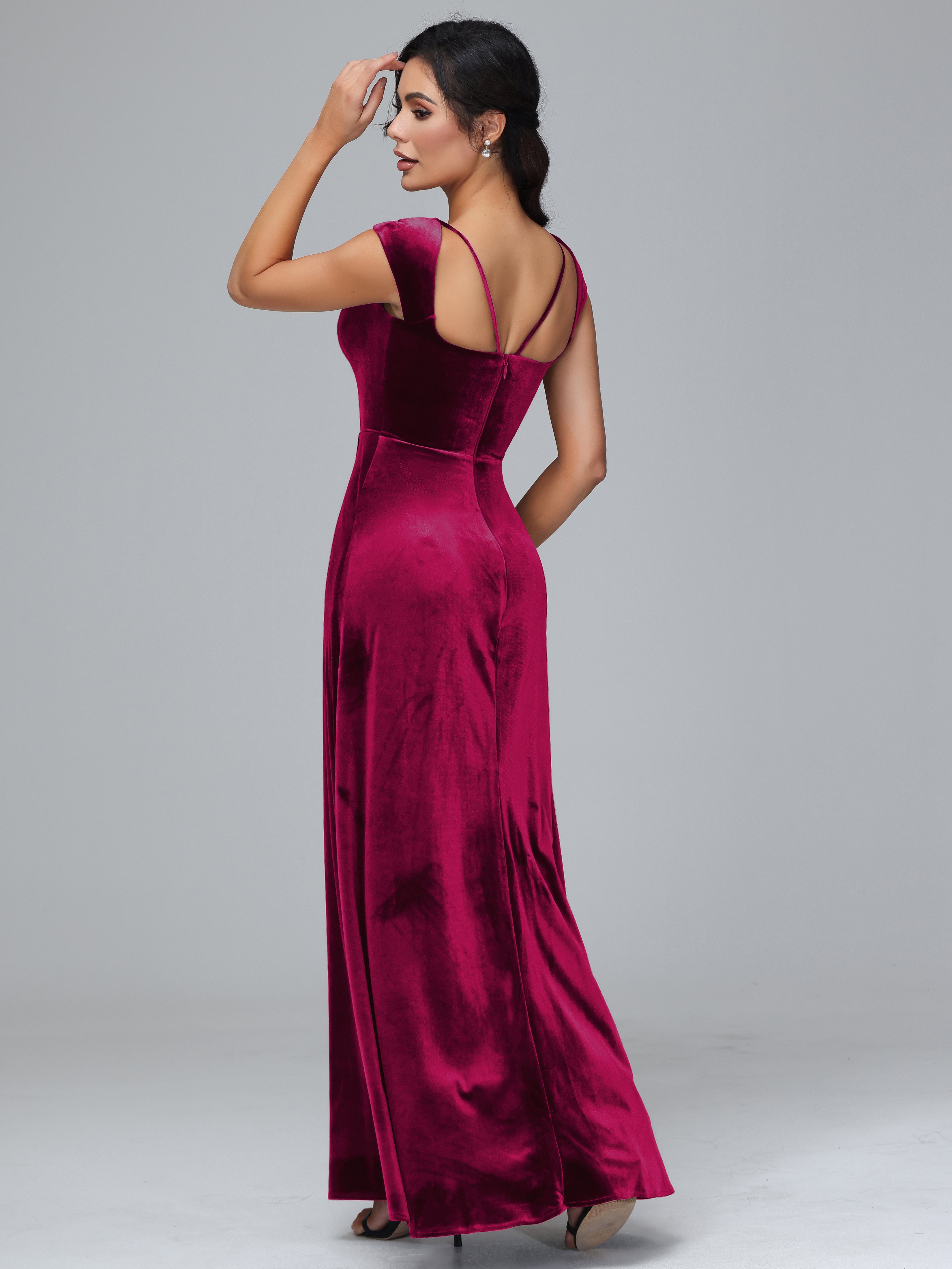 Cap Sleeves Velvet Plus Size Bridesmaid Dress With Slit