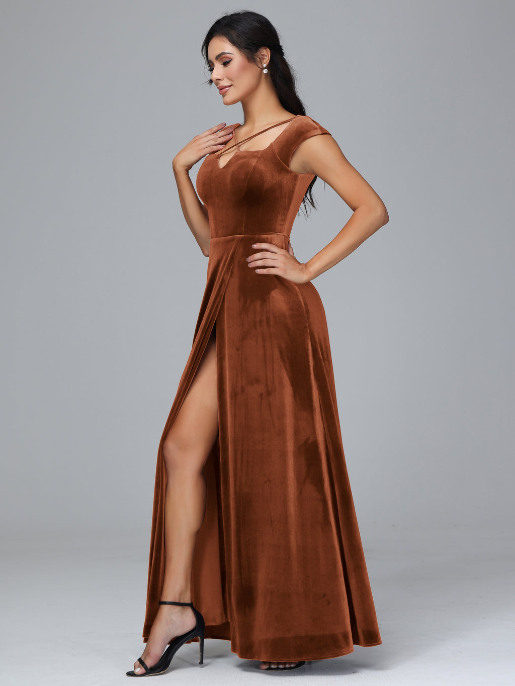 Cap Sleeves Velvet Plus Size Bridesmaid Dress With Slit