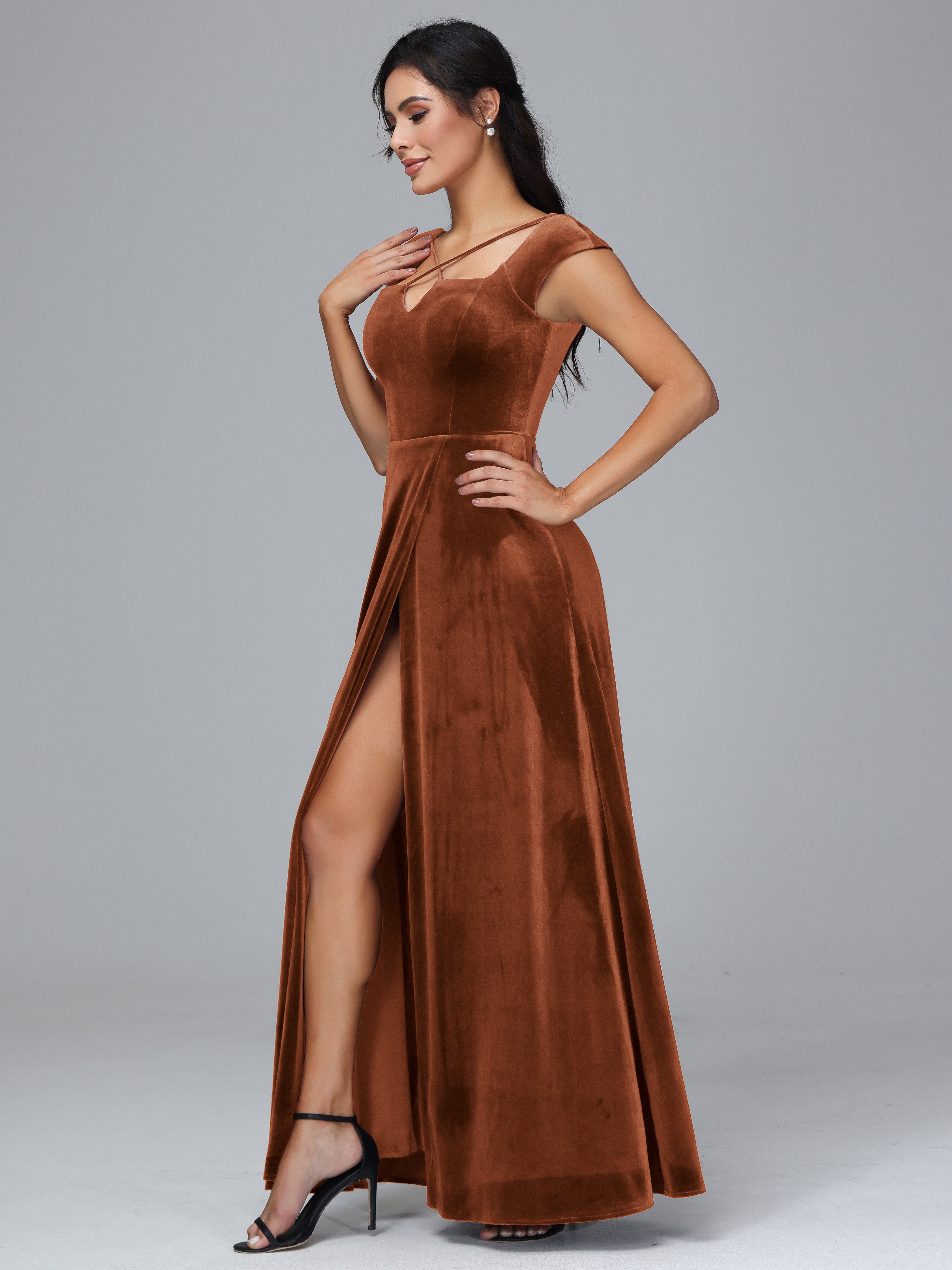 Cap Sleeves Velvet Plus Size Bridesmaid Dress With Slit