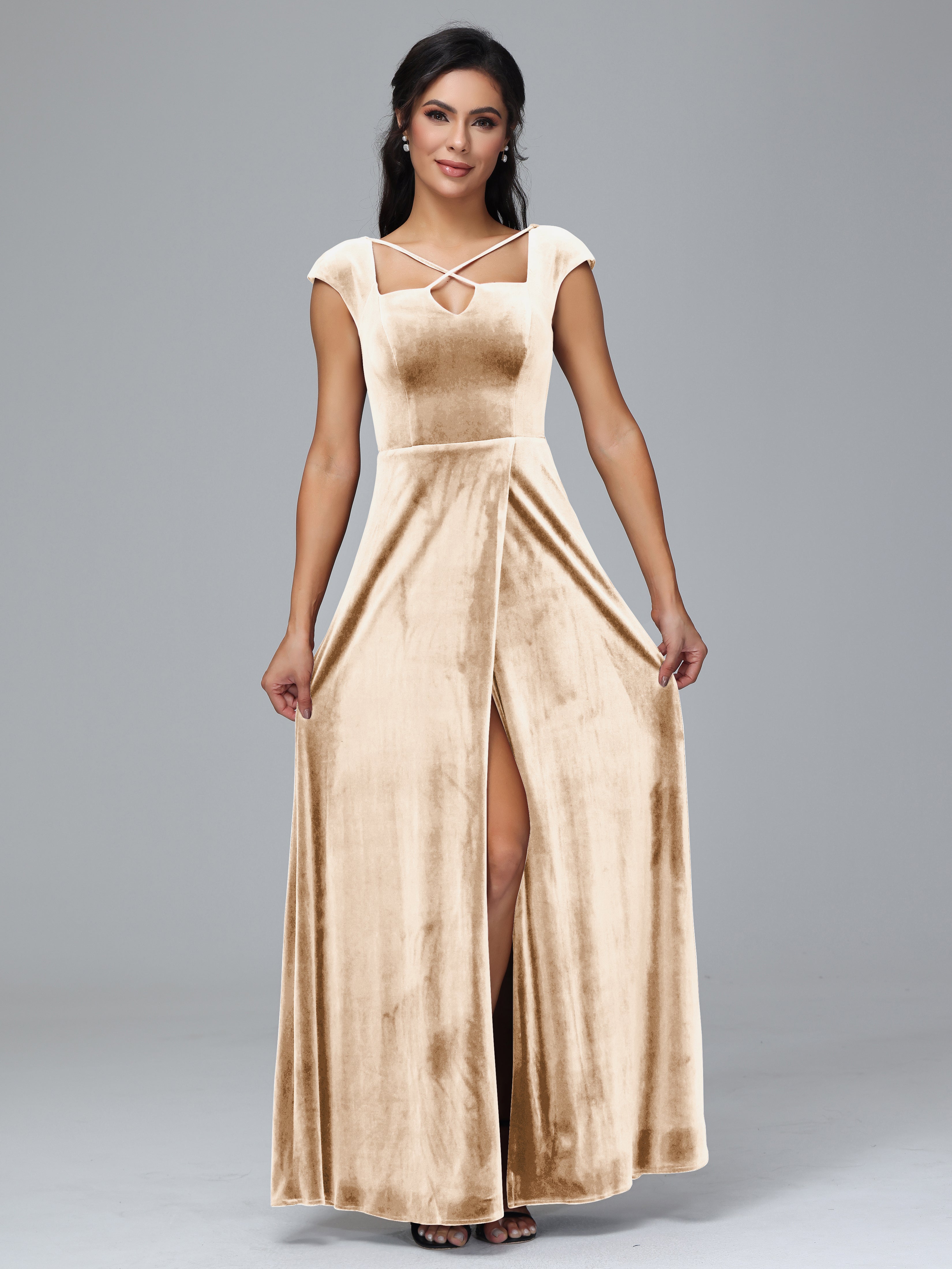 Cap Sleeves Velvet Plus Size Bridesmaid Dress With Slit