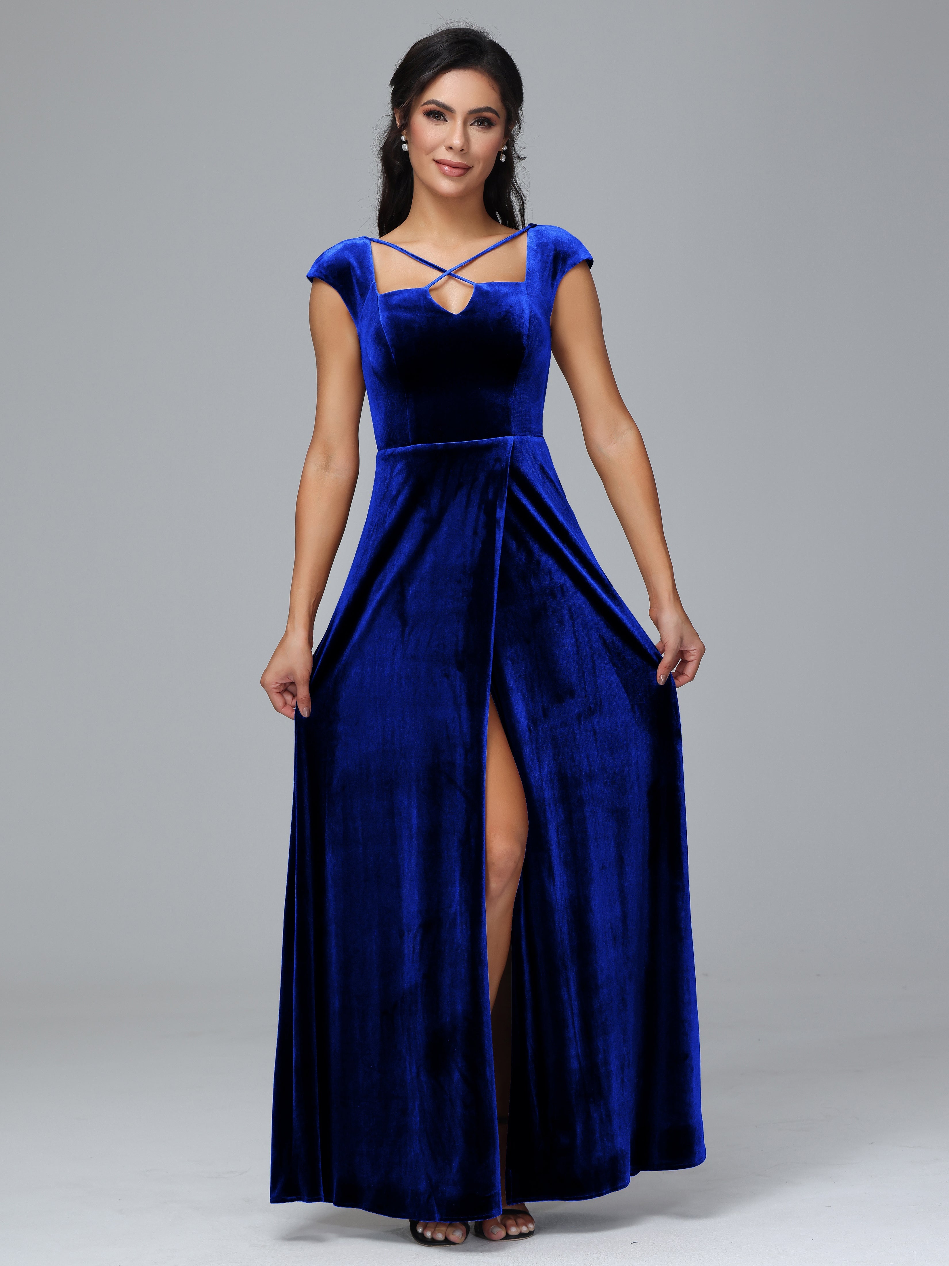 Cap Sleeves Velvet Plus Size Bridesmaid Dress With Slit
