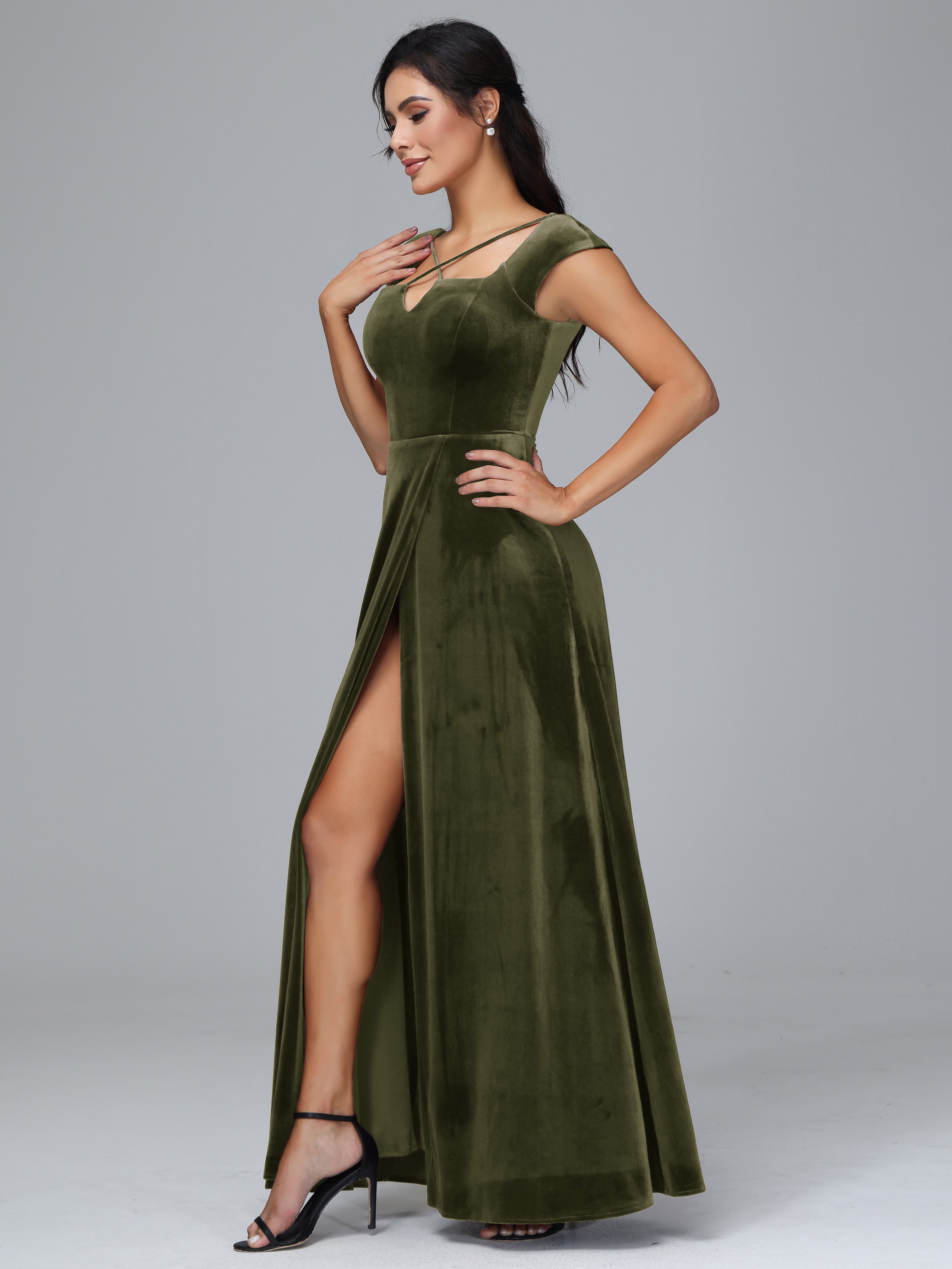 Cap Sleeves Velvet Plus Size Bridesmaid Dress With Slit