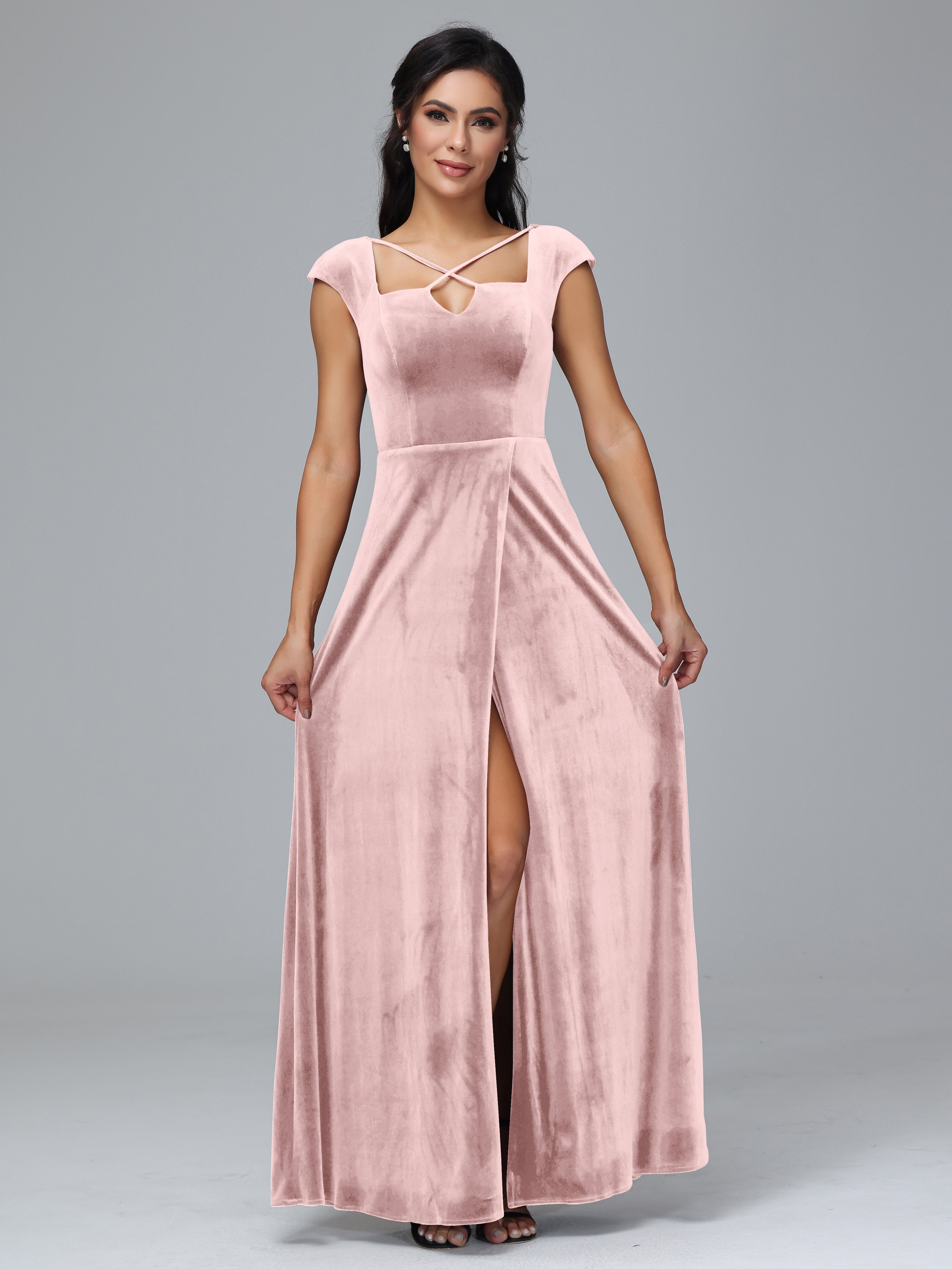 Cap Sleeves Velvet Plus Size Bridesmaid Dress With Slit
