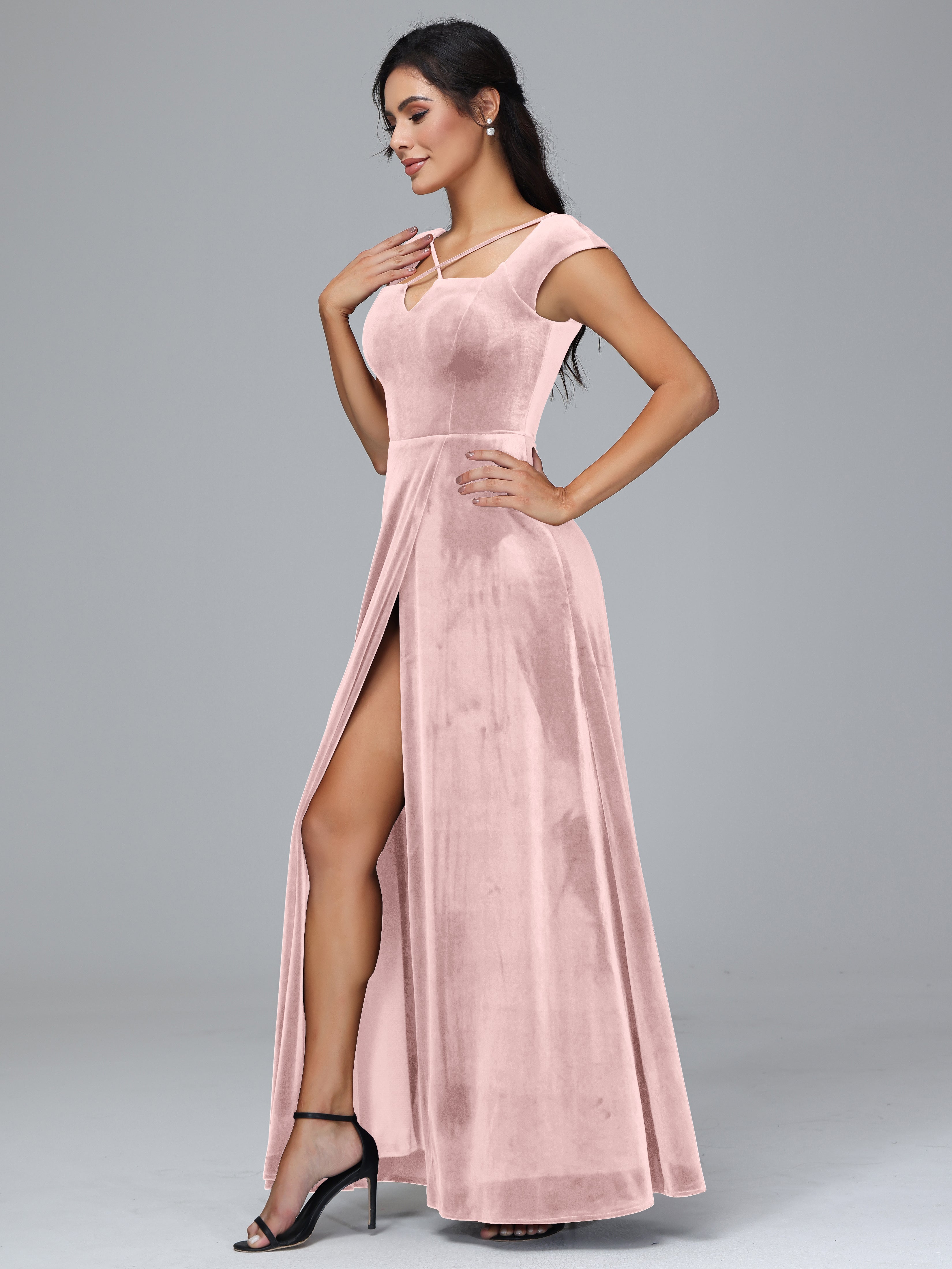 Cap Sleeves Velvet Plus Size Bridesmaid Dress With Slit